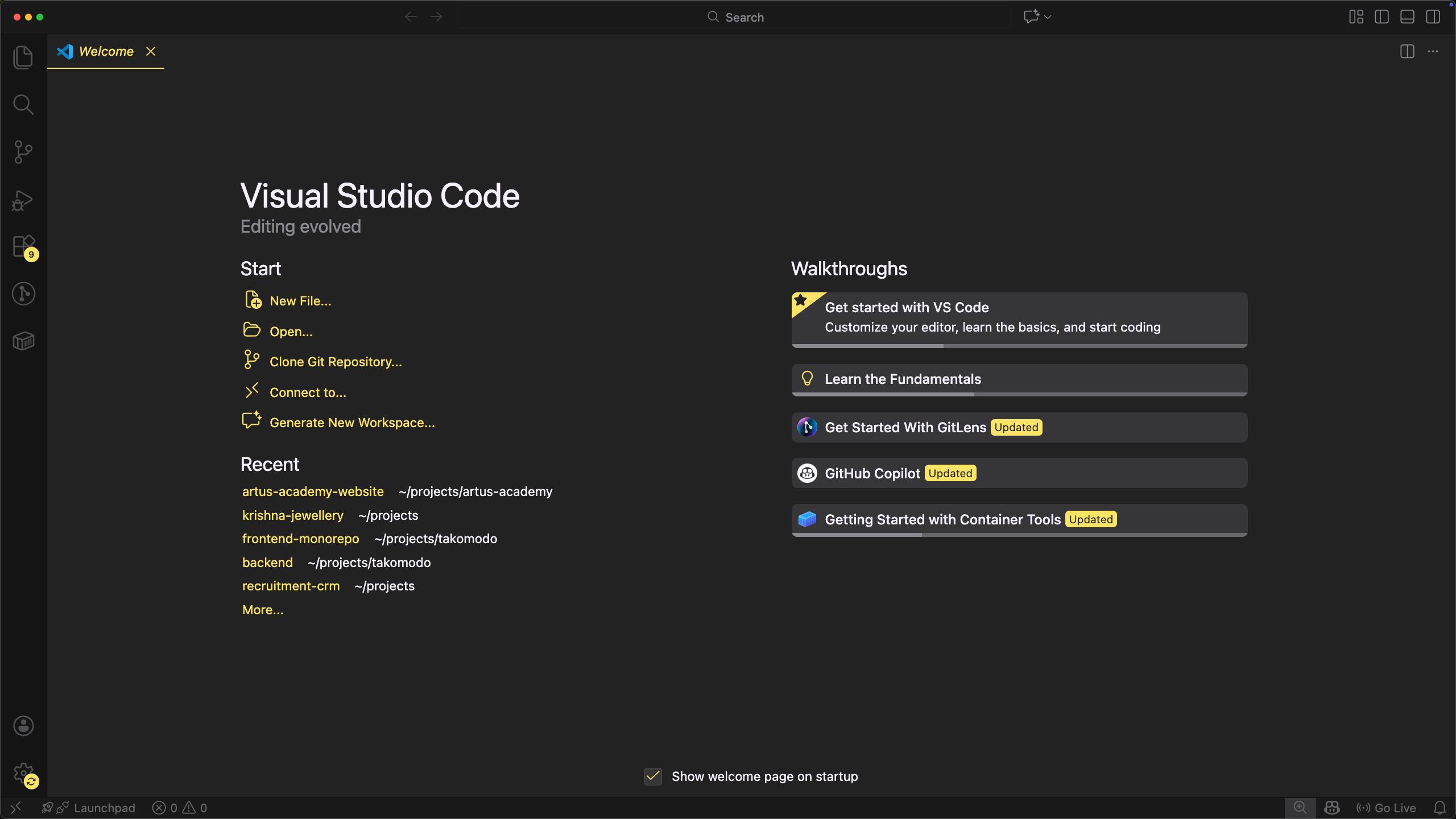 VS Code Opening page